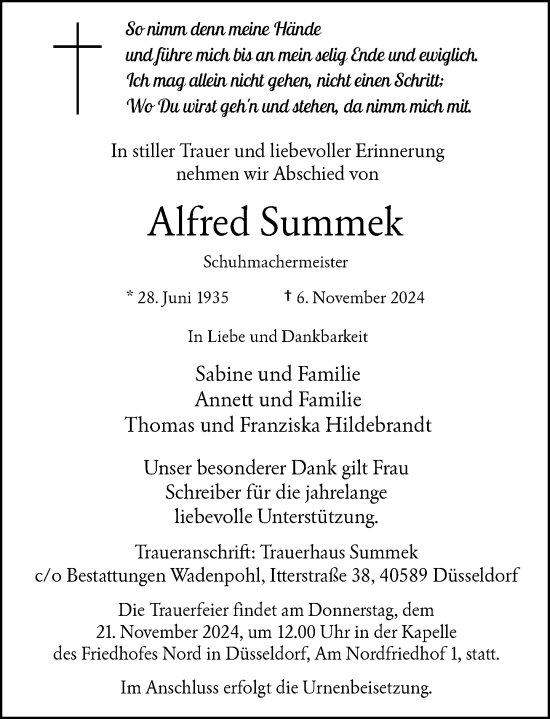 Traueranzeige von Alfred Summek von Rheinische Post