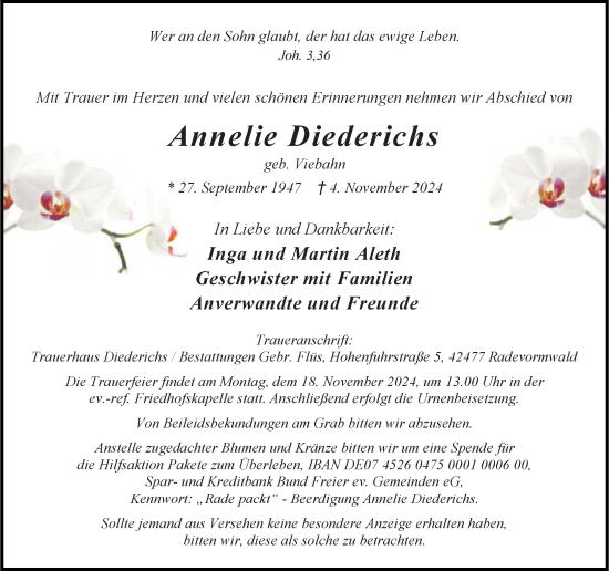 Traueranzeige von Annelie Diederichs von Rheinische Post