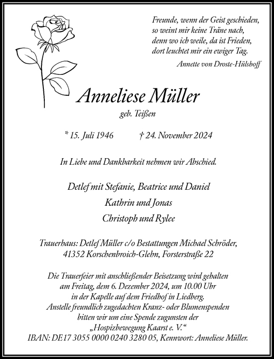 Traueranzeige von Anneliese Müller von Rheinische Post