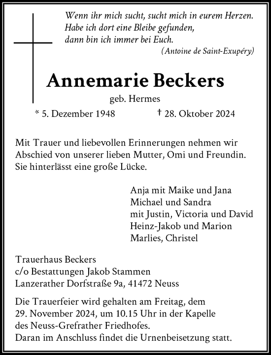 Traueranzeige von Annemarie Beckers von Rheinische Post