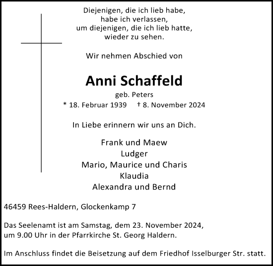 Traueranzeige von Anni Schaffeld von Rheinische Post