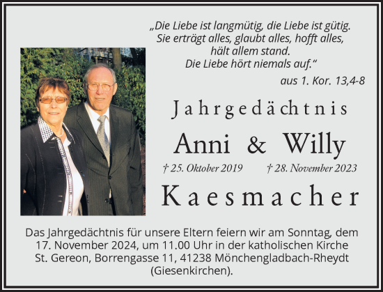 Traueranzeige von Anni und Willy Kaesmacher von Rheinische Post