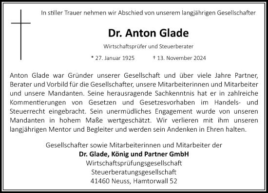 Traueranzeige von Anton Glade von Rheinische Post