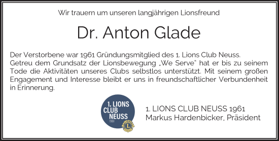 Traueranzeige von Anton Glade von Rheinische Post