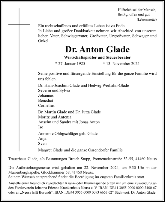 Traueranzeige von Anton Glade von Rheinische Post