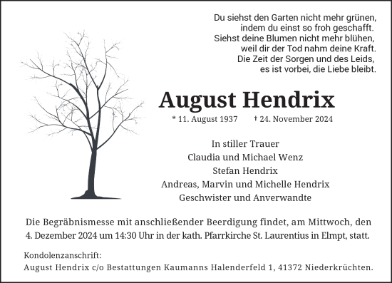 Traueranzeige von August Hendrix von Rheinische Post