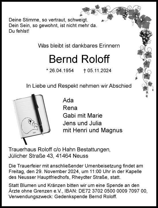 Traueranzeige von Bernd Roloff von Rheinische Post