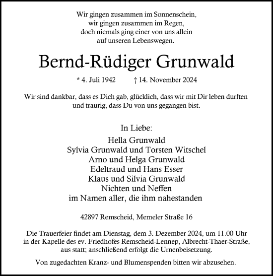 Traueranzeige von Bernd-Rüdiger Grunwald von Rheinische Post