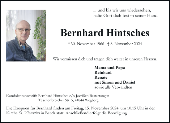 Traueranzeige von Bernhard Hintsches von Rheinische Post