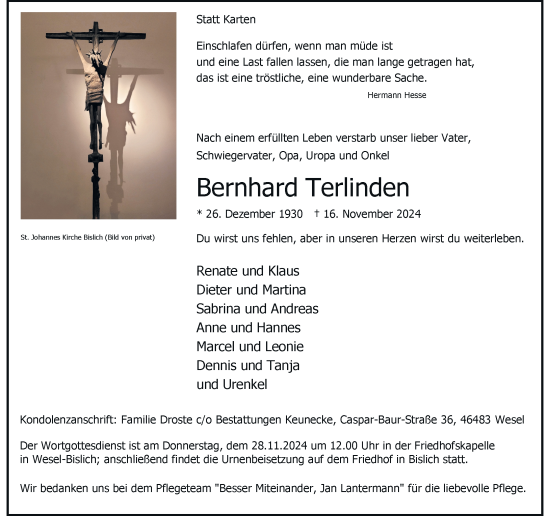 Traueranzeige von Bernhard Terlinden von Rheinische Post