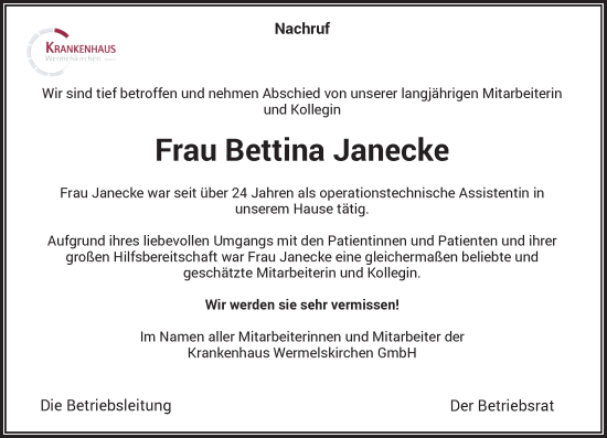 Traueranzeige von Bettina Janecke von Rheinische Post