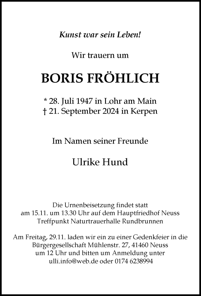  Traueranzeige für Boris Fröhlich vom 09.11.2024 aus Rheinische Post