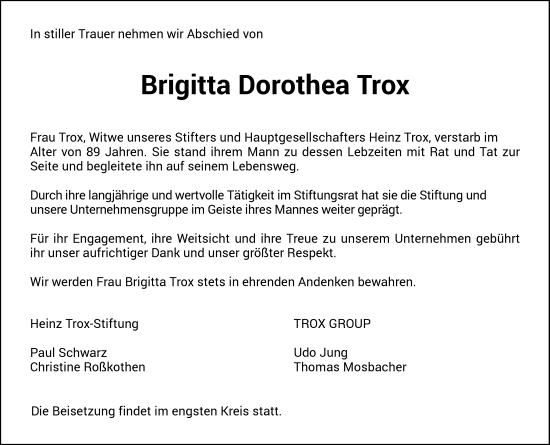 Traueranzeige von Brigitta Trox von Rheinische Post