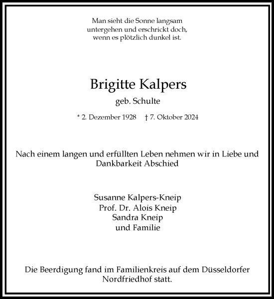 Traueranzeige von Brigitte Kalpers von Rheinische Post