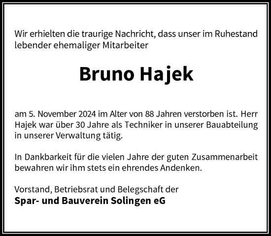 Traueranzeige von Bruno Hajek von Rheinische Post