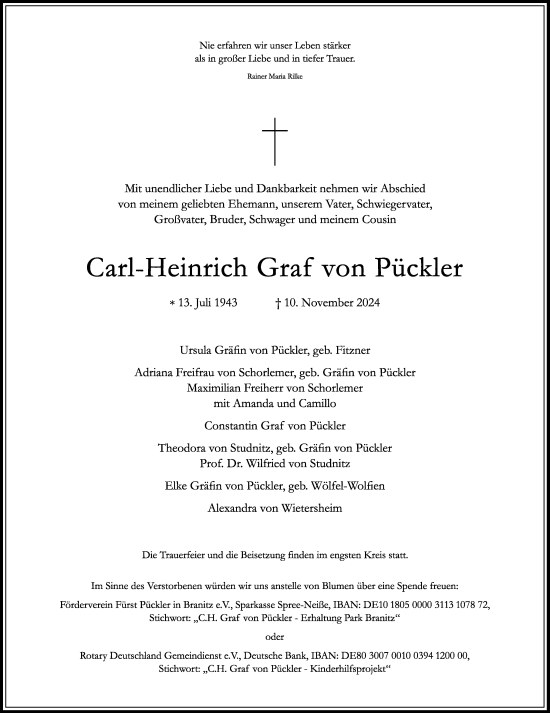 Traueranzeige von Carl-Heinrich Graf von Pückler von Rheinische Post