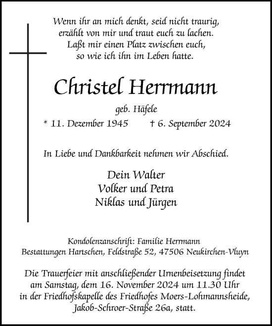 Traueranzeige von Christa Herrmann von Rheinische Post