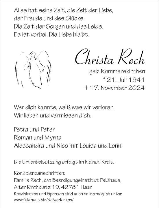 Traueranzeige von Christa Rech von Rheinische Post