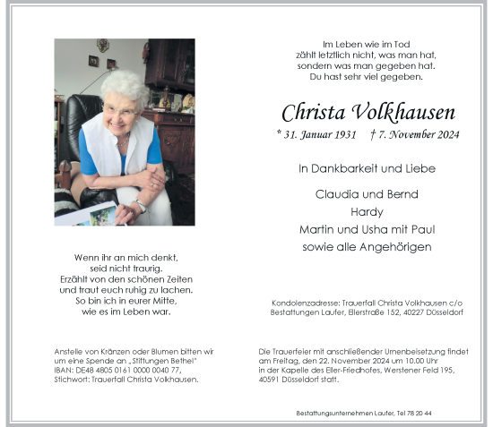 Traueranzeige von Christa Volkhausen von Rheinische Post