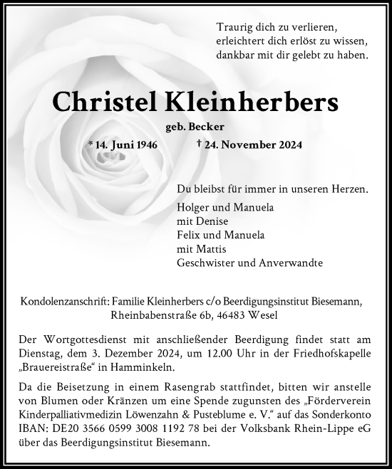 Traueranzeige von Christel Kleinherbers von Rheinische Post