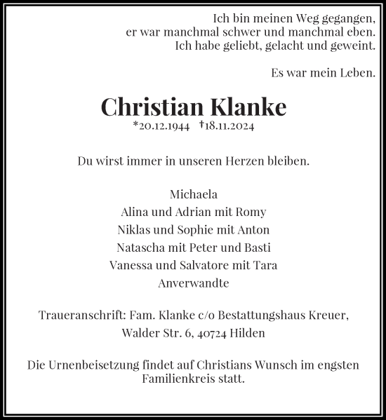 Traueranzeige von Christian Klanke von Rheinische Post