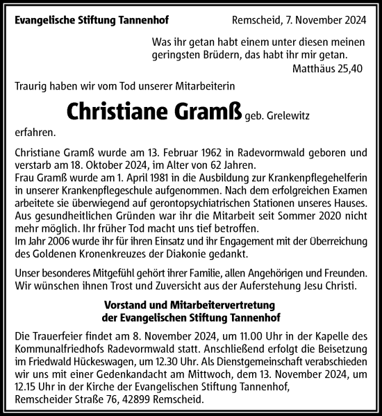 Traueranzeige von Christiane Gramß von Rheinische Post