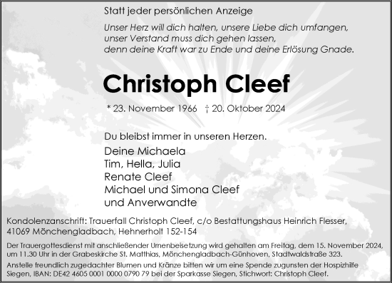 Traueranzeige von Christoph Cleef von Rheinische Post