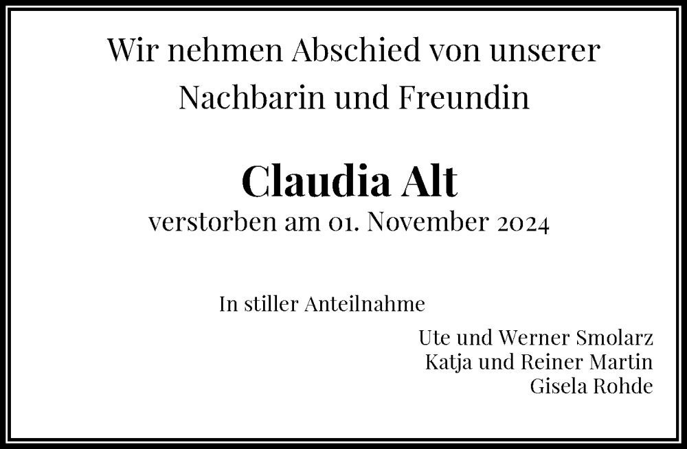  Traueranzeige für Claudia Alt vom 09.11.2024 aus Rheinische Post