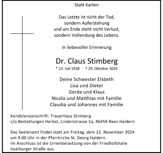 Traueranzeige von Claus Stimberg von Rheinische Post