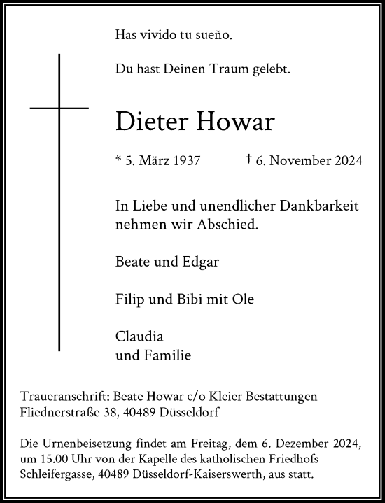 Traueranzeige von Dieter Howar von Rheinische Post