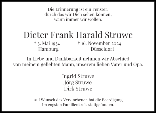 Traueranzeige von Dieter Frank Harald Struwe von Rheinische Post