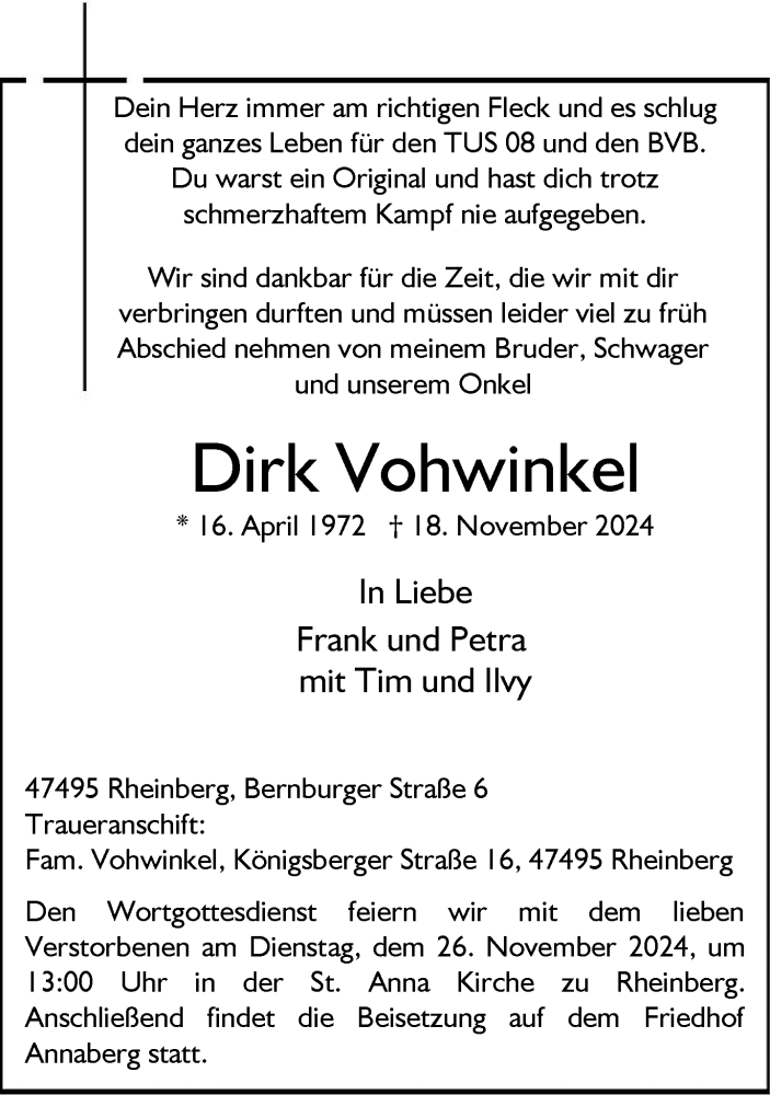  Traueranzeige für Dirk Vohwinkel vom 23.11.2024 aus Rheinische Post