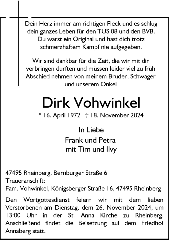 Traueranzeige von Dirk Vohwinkel von Rheinische Post