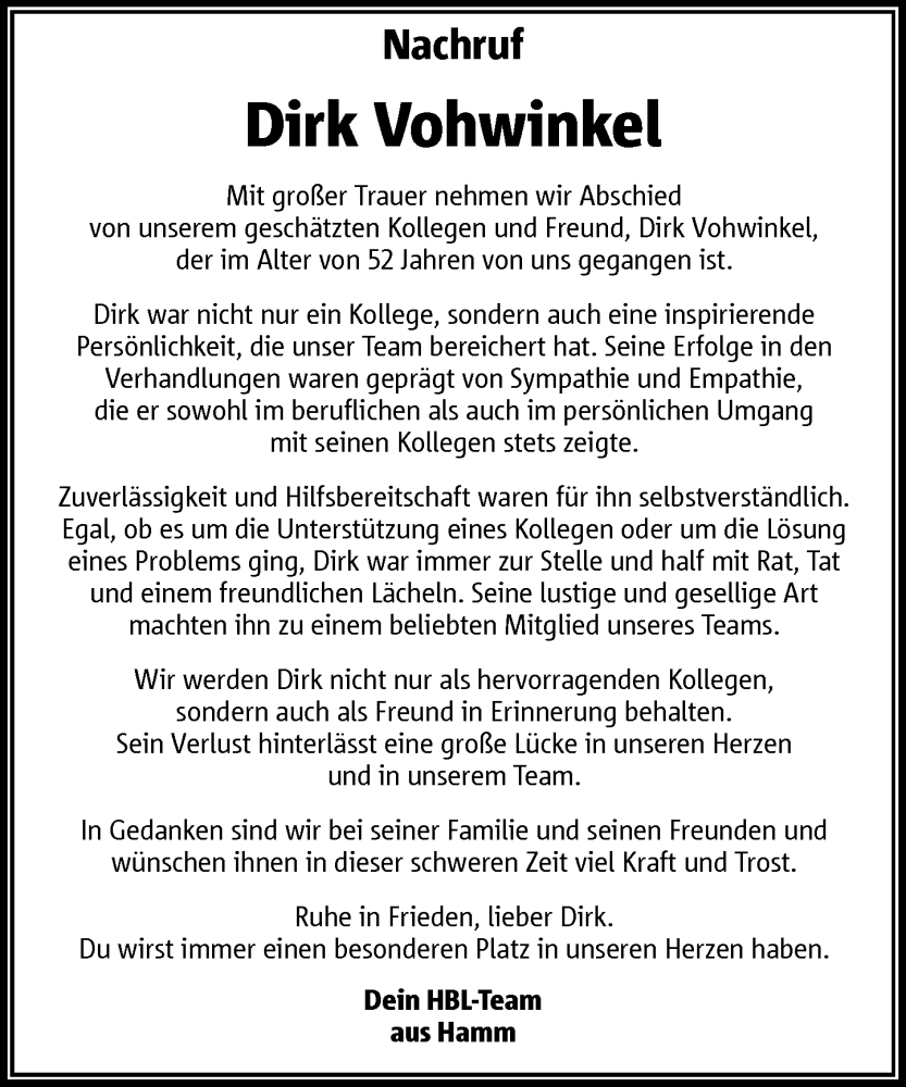  Traueranzeige für Dirk Vohwinkel vom 23.11.2024 aus Rheinische Post