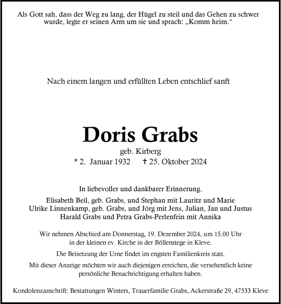 Traueranzeige von Doris Grabs von Rheinische Post