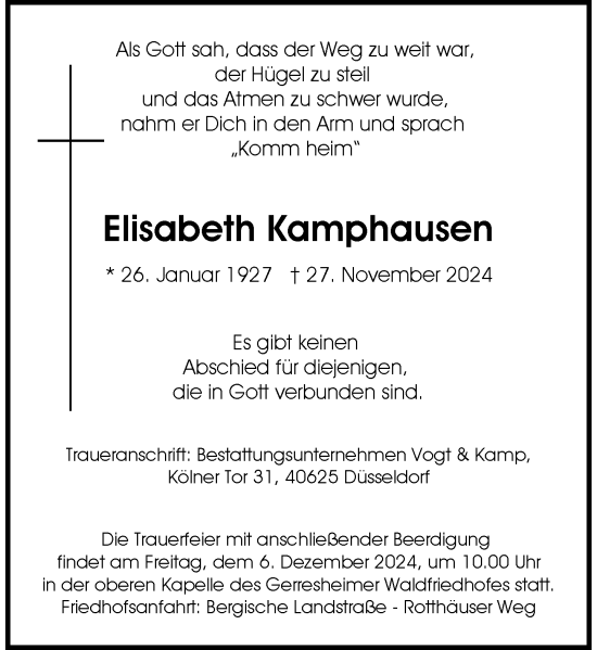 Traueranzeige von Elisabeth Kamphausen von Rheinische Post