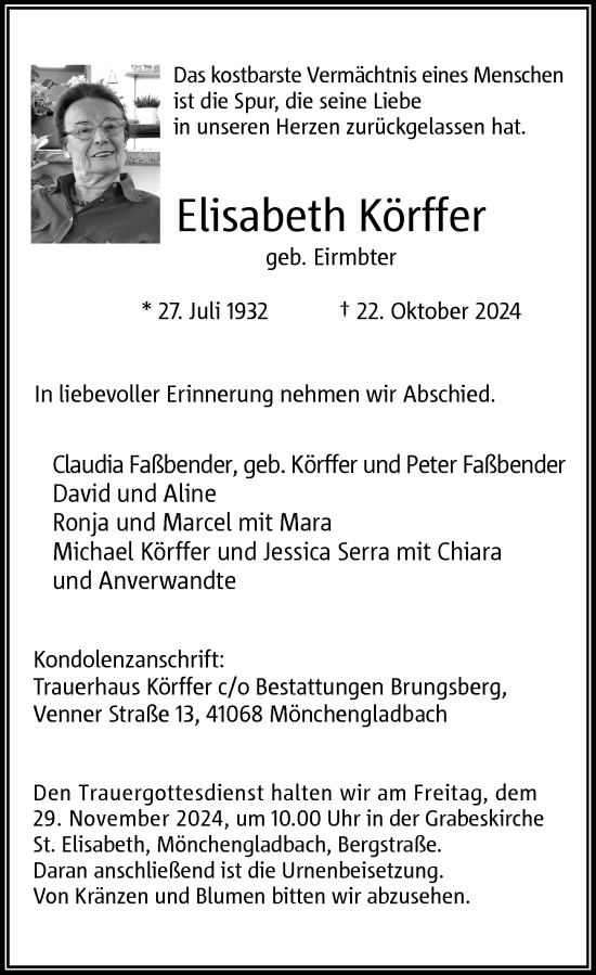 Traueranzeige von Elisabeth Körffer von Rheinische Post