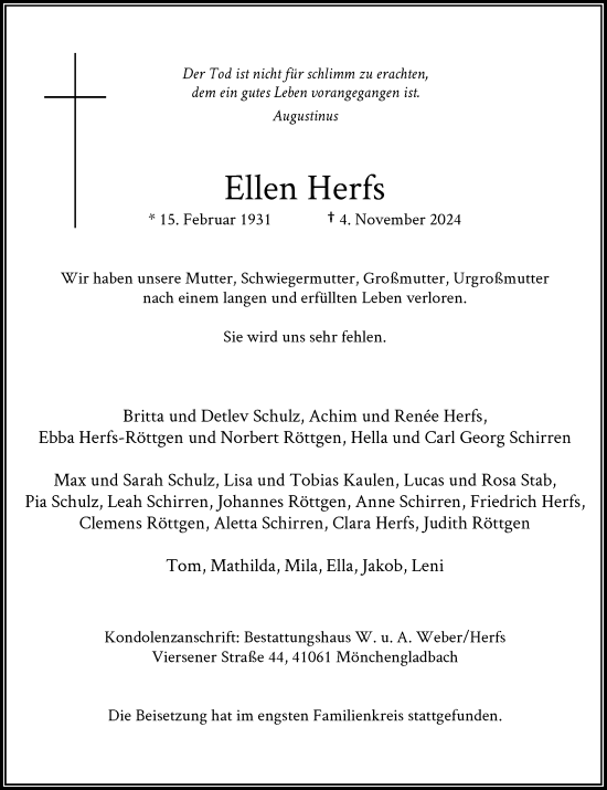 Traueranzeige von Ellen Herfs von Rheinische Post