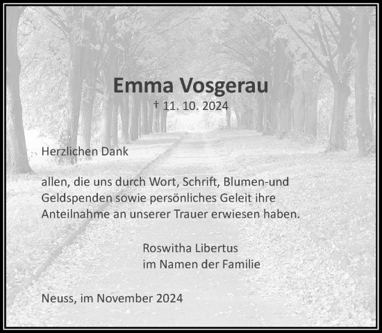 Traueranzeige von Emma Vosgerau von Rheinische Post