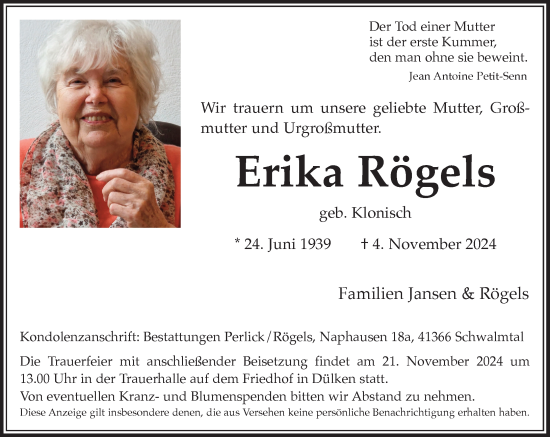 Traueranzeige von Erika Rögels von Rheinische Post