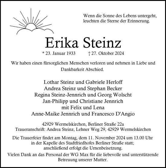 Traueranzeige von Erika Steinz von Rheinische Post