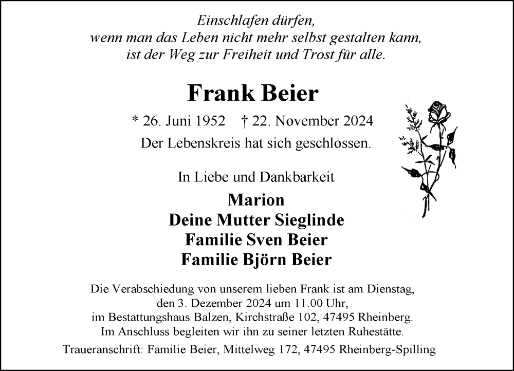  Traueranzeige für Frank Beier vom 28.11.2024 aus Rheinische Post