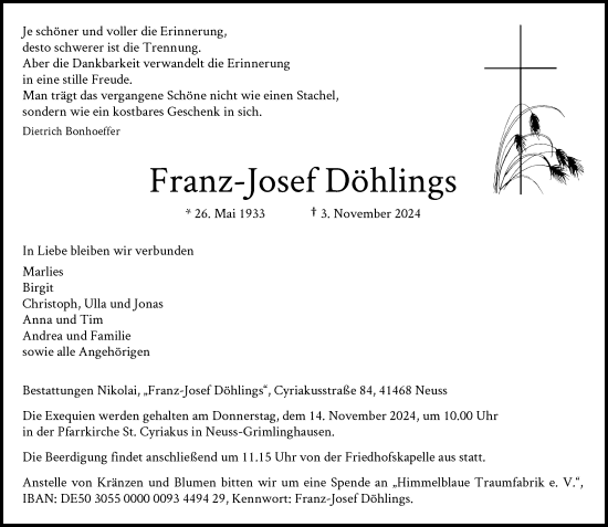 Traueranzeige von Franz-Josef Döhlings von Rheinische Post