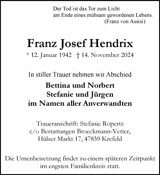 Traueranzeige von Franz Josef Hendrix von Rheinische Post