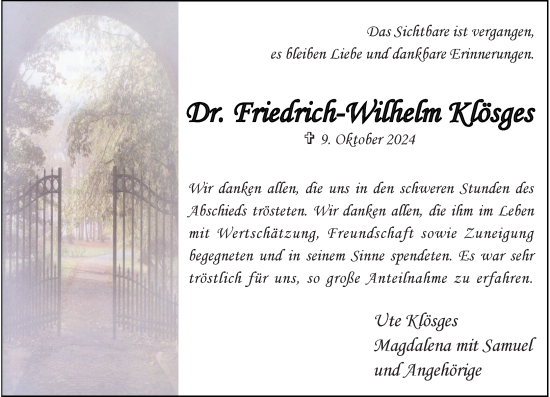 Traueranzeige von Friedrich-Wilhelm Klösges von Rheinische Post