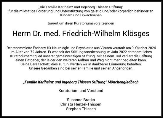 Traueranzeige von Friedrich-Wilhelm Klösges von Rheinische Post