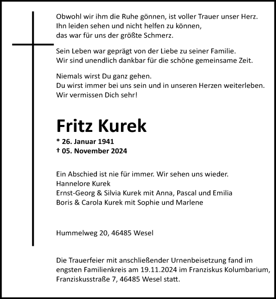 Traueranzeige von Fritz Kurek von Rheinische Post