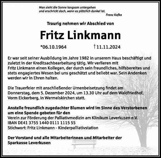 Traueranzeige von Fritz Linkmann von Rheinische Post