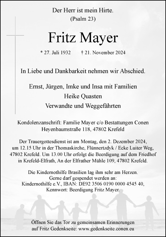 Traueranzeige von Fritz Mayer von Rheinische Post