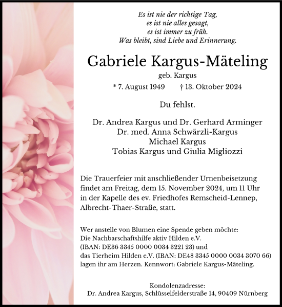 Traueranzeige von Gabriele Kargus-Mäteling von Rheinische Post